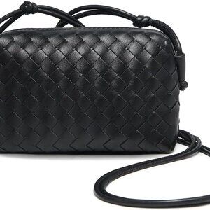 Versatile Mini Crossbody Camera Bag - Stylish Woven Design, Black Vegan Leather